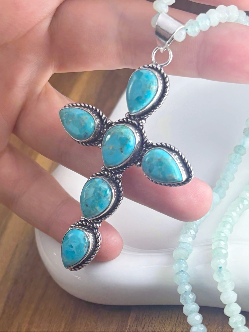 XL Mohave Turquoise Cross Pendant Jade Necklace Sterling Silver 925 Overlay New - Picture 6 of 12